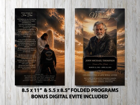 Graceful Biker Angel Funeral Program Template for a Celebration of Life • Spiritual Motorcycle Tribute Design | Noted & Charmed