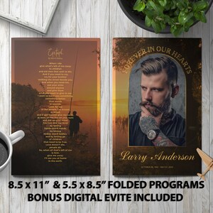 Può includere: Un programma funebre piegato con uno sfondo di tramonto e una foto di un uomo con la barba. Il programma misura 8,5 pollici per 11 pollici e 5,5 pollici per 8,5 pollici. Il testo sul programma recita "Forever in Our Hearts" e "Larry Anderson".