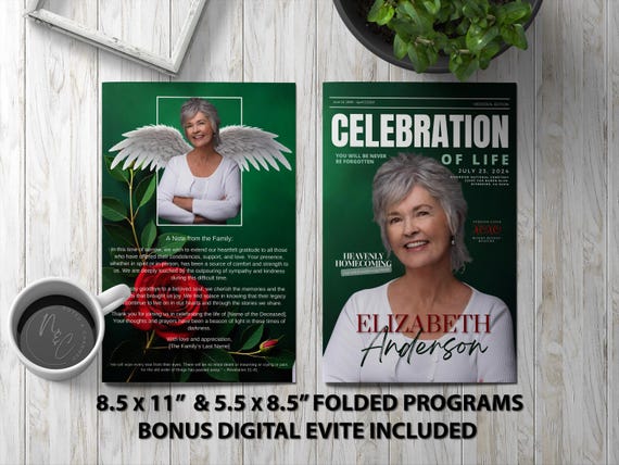 Red Rose on Green Program Template Memorial Announcement, Obituary Flyer, Celebration of Life Magazine, 5.5x8.5 & 8.5x11 + Digital