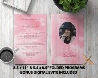 Pink Hearts Funeral Program Template Memorial Announcement, Obituary Flyer, Celebration of Life Magazine, 5.5x8.5 & 8.5x11 + Digital Program