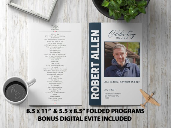 Blue Minimalist Funeral Program Template Memorial Announcement, Obituary Flyer, Celebration of Life Magazine, 5.5x8.5 & 8.5x11 Bonus Evite