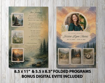 Funeral Program Template • Celebration of Life • Editable Obituary • Watercolor Mountain Memorial Design