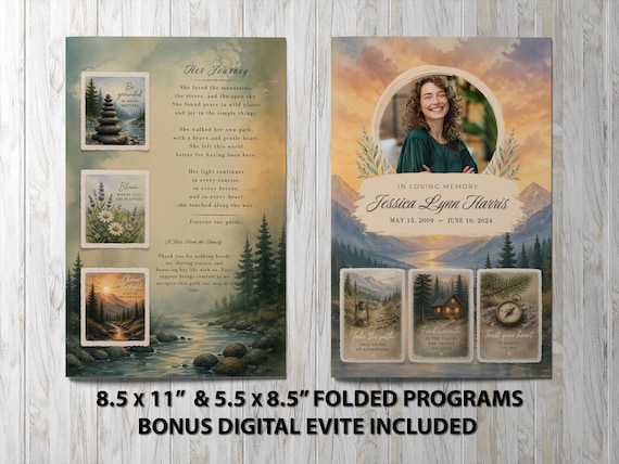 Watercolor Mountain Celebration of Life Program — A Gentle Nature‑Inspired Memorial Tribute | Noted & Charmed
