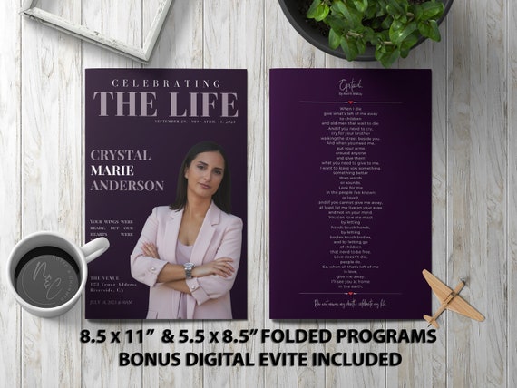 Purple Funeral Program Template - Memorial Announcement, Obituary Flyer, Celebration of Life Magazine, 5.5x8.5 & 8.5x11 Tabloid Folded.