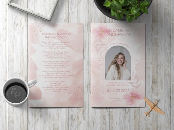 Minimalist Pink Flowers Funeral Program Template - Celebration of Life, In Loving Memory, Keepsake Brochure Magazine, Instant Download