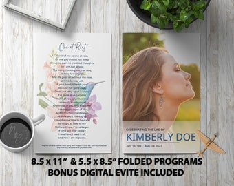 Hummingbird Funeral Program Template - Memorial Announcement, Obituary Flyer, Celebration of Life Magazine, 5.5x8.5 & 8.5x11 Tabloid Folded
