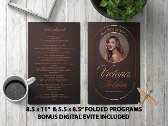 Modern Brown Funeral Program Template Memorial Announcement, Obituary Flyer, Celebration of Life Magazine, 5.5x8.5 & 8.5x11 Digital Program