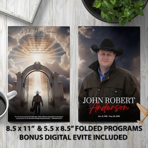 Modello per il programma funebre di Cowboy Heaven: annuncio commemorativo, volantino necrologio, rivista Celebration of Life, 5,5x8,5 e 8,5x11 + digitale