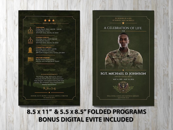 Elegant Army Funeral Program Template for a Celebration of Life • Honorable Military Tribute Design | Noted & Charmed