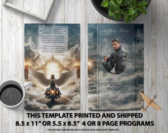 Motorcycle Printed and Shipped Funeral Program Template, Memorial Obituary Flyer, Celebration of Life Magazine, 5.5x8.5 & 8.5x11 + Digital