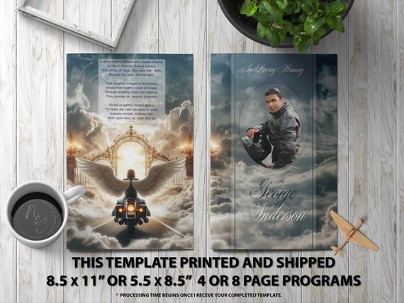 Motorcycle Printed and Shipped Funeral Program Template, Memorial Obituary Flyer, Celebration of Life Magazine, 5.5x8.5 & 8.5x11 + Digital