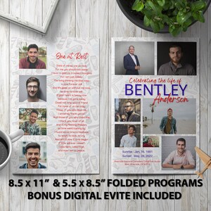 Puede incluir: Un programa conmemorativo para Bentley Anderson, con un collage de fotos y un poema titulado "One at Rest". El programa incluye las fechas de nacimiento y fallecimiento, así como la ubicación del servicio conmemorativo. El programa está impreso en papel blanco con un patrón gris y blanco.