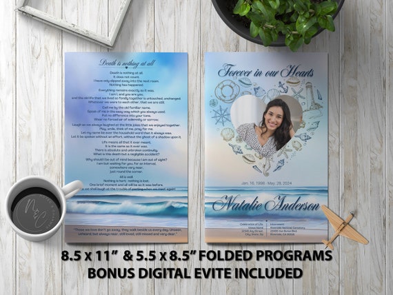 Nautical Beach Funeral Program Template Memorial Announcement, Obituary Flyer, Celebration of Life Magazine, 5.5x8.5 & 8.5x11 Digital