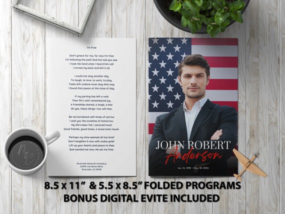 US Flag Funeral Program Template Memorial Announcement, Obituary Flyer, Celebration of Life Magazine, 5.5x8.5 & 8.5x11 digital evite