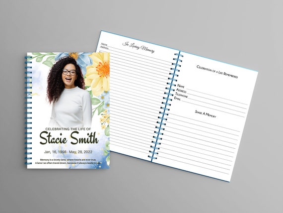 Floral Memorial guest book with share a memory pages Celebration of life.  Canva Template.  Funeral Book - F0047