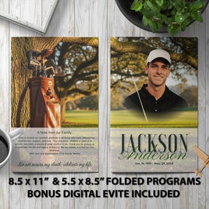 May include: A memorial program featuring a golfer with the text "JACKSON ANDERSON" and dates. The program includes a golf bag with clubs and the text "A Note from our Family". The program is 8.5 x 11 inches and 5.5 x 8.5 inches.