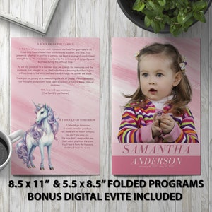 Puede incluir: Un programa plegado rosa y blanco con una ilustración de unicornio y un poema titulado "Si me fuera mañana". El otro lado del programa presenta una foto de una niña con el nombre Samantha Anderson y las fechas 16 de enero de 2020 - 18 de mayo de 2023. El programa mide 21,6 cm x 27,9 cm y 14 cm x 21,6 cm.