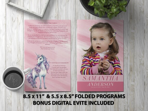 Unicorn Pink Childs Funeral Program Template Memorial Announcement, Obituary Flyer, Celebration of Life Magazine, 5.5x8.5 & 8.5x11 + Evite