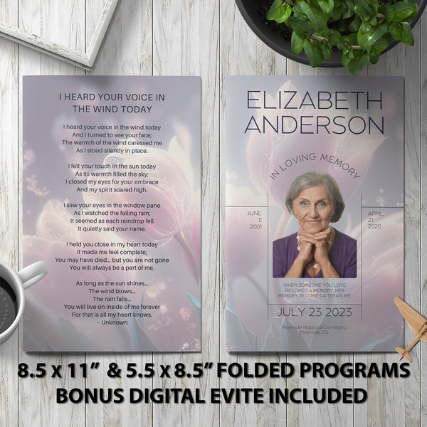 Sparkling Pink Flowers Funeral Program Template Memorial Announcement Celebration of Life Magazine, Instant Download, Print & Digital Files