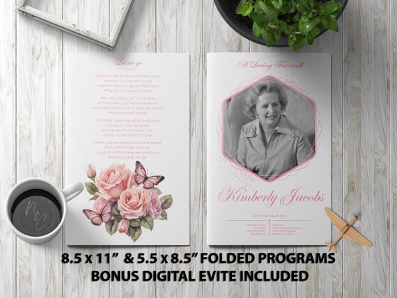 Roses and Butterflies Funeral Program Template | Editable Memorial Program | Digital Download for Celebration of Life