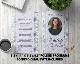 Purple and White Roses Funeral Program Template Memorial Announcement, Obituary Flyer, Celebration of Life Magazine, 5.5x8.5 & 8.5x11