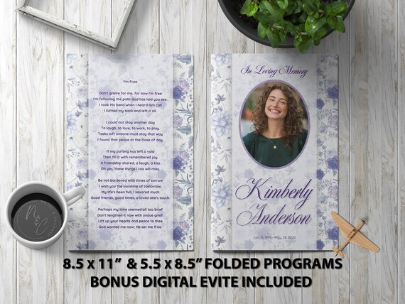 Purple and White Roses Funeral Program Template Memorial Announcement, Obituary Flyer, Celebration of Life Magazine, 5.5x8.5 & 8.5x11