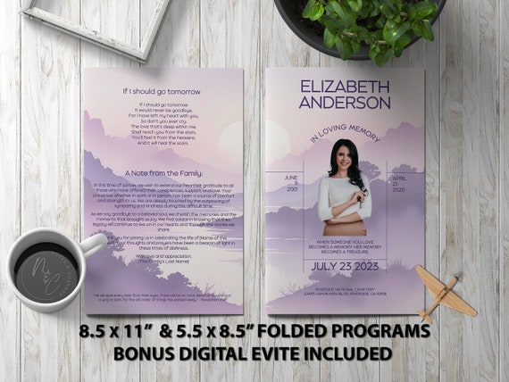 Minimalist Purple Program Template Memorial Announcement, Obituary Flyer, Celebration of Life Magazine, 5.5x8.5 & 8.5x11 Folded +Evite