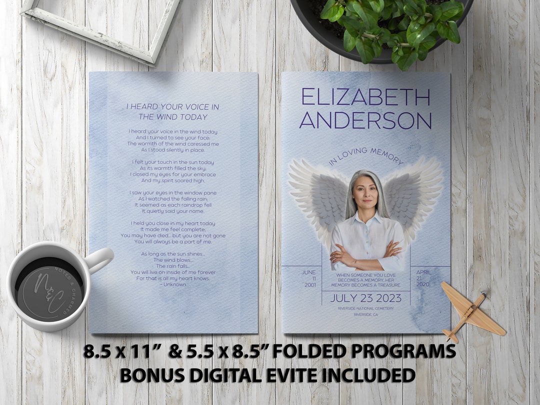 Angel Wings Blue Funeral Program Template Memorial Announcement