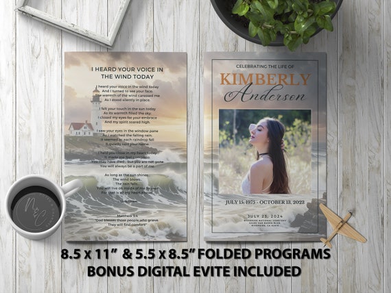Beach and Lighthouse Watercolor Program Template Memorial Announcement, Obituary Flyer, Celebration of Life Magazine, 5.5x8.5 & 8.5x11