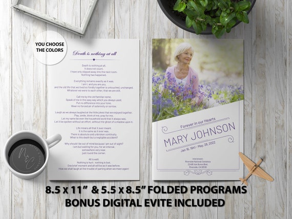 Minimalist Purple Funeral Program Template Memorial Announcement, Obituary Flyer, Celebration of Life Magazine, 5.5x8.5 & 8.5x11 Digital