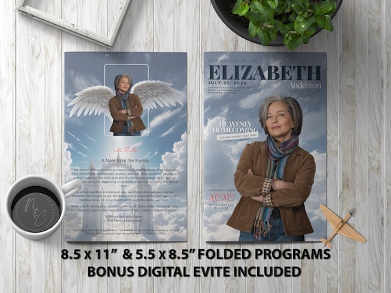 Magazine Style Heaven Funeral Program Template Memorial Announcement, Obituary Flyer, Celebration of Life Magazine - 5.5x8.5 & 8.5x11 Evite