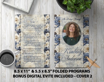 Blue and White flowers Funeral Program Template Memorial Announcement, Obituary Flyer, Celebration of Life Magazine, 5.5x8.5 & 8.5x11