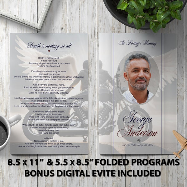 Motorcycle Angel Funeral Program Template Memorial Announcement, Obituary Flyer, Celebration of Life Magazine, 5.5x8.5 & 8.5x11 + Digital