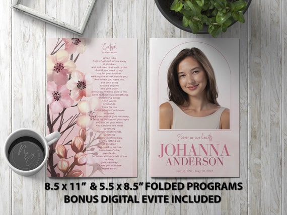 Watercolor Cherry Blossoms Funeral Program Template | Editable Memorial Keepsake | Celebration of Life Flyer | Printable Funeral Program