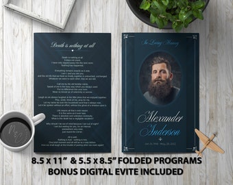 Blue Plaid Funeral Program Template Memorial Announcement, Obituary Flyer, Celebration of Life Magazine, 5.5x8.5 & 8.5x11 + Digital