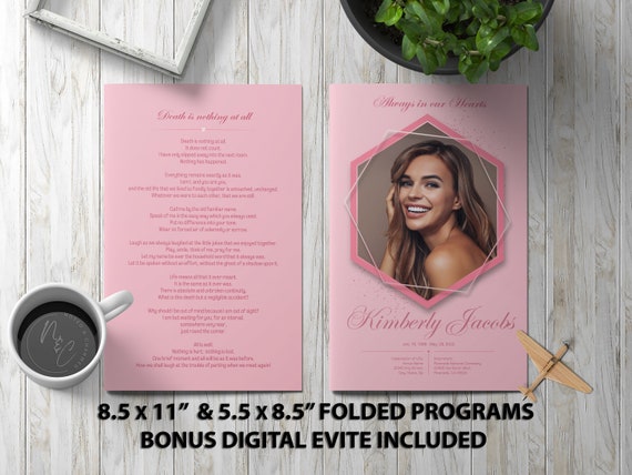 Shades of Pink Funeral Program Template Memorial Announcement, Obituary Flyer, Celebration of Life Magazine, 5.5x8.5 & 8.5x11 Digital Evite