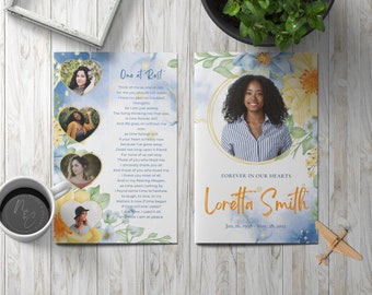 Funeral Program Template Yellow flower - Memorial Announcement, Obituary Flyer, Celebration of Life Magazine 5.5x8.5 & 8.5x11 Tabloid Folded