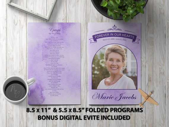 Minimalist Purple Funeral Program Template Memorial Announcement, Obituary Flyer, Celebration of Life Magazine, 5.5x8.5 & 8.5x11 Digital