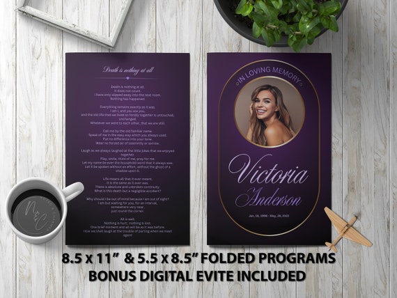 Modern Purple Funeral Program Template Memorial Announcement, Obituary Flyer, Celebration of Life Magazine, 5.5x8.5 & 8.5x11 Digital Program