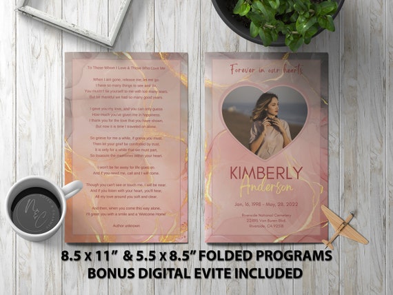 Marbled Gold Pink Heart Funeral Program Template Memorial Announcement, Obituary Flyer, Celebration of Life Magazine, 5.5x8.5 & 8.5x11