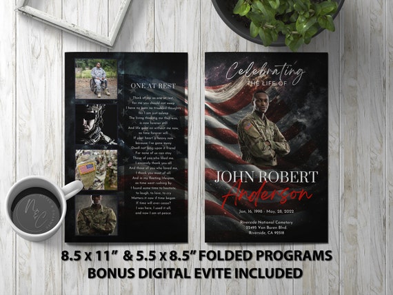 Peacemakers Flag Funeral Program Template Memorial Announcement, Obituary Flyer, Celebration of Life Magazine, 5.5x8.5 & 8.5x11 Evite