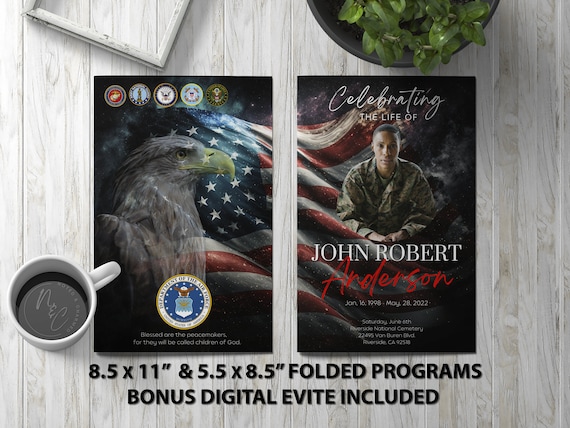 Peacemakers Flag Funeral Program Template Memorial Announcement, Obituary Flyer, Celebration of Life Magazine, 5.5x8.5 & 8.5x11 Evite
