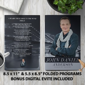 May include: A black and white folded program with a poem about remembering someone who has passed away. The program features a photo of a man with a gray scarf and a city skyline in the background. The text on the front of the program reads "I heard your voice in the wind today." The text on the back of the program reads "John Daniel Anderson, January 16, 1901 - May 28, 2022". The program is 8.5 inches by 11 inches and 5.5 inches by 8.5 inches when folded.