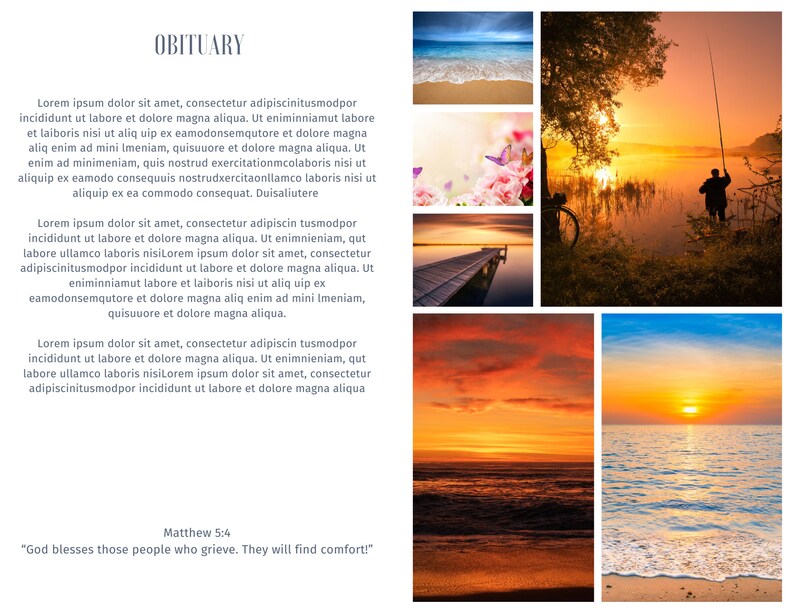 Funeral Program Template, Editable Blue Memorial Brochure, Obituary