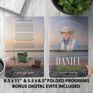 May include: A memorial program featuring a beach scene with a fishing rod, chair, and hat. The program includes a poem titled "Heaven's Shore" and a photo of a man with the text "Gone Fishing in Fairer Waters" and the name "Daniel Anderson".