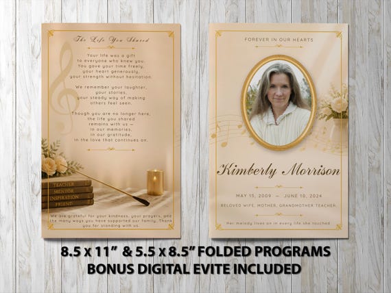 Music Teacher Funeral Program – A Musical Tribute Celebration of Life Memorial Brochure with Elegant Gold Details | Noted & Charmed
