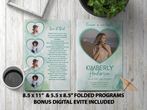 Watercolor Heart Funeral Program Template Memorial Announcement, Obituary Flyer, Celebration of Life Magazine, 5.5x8.5 & 8.5x11 Digital