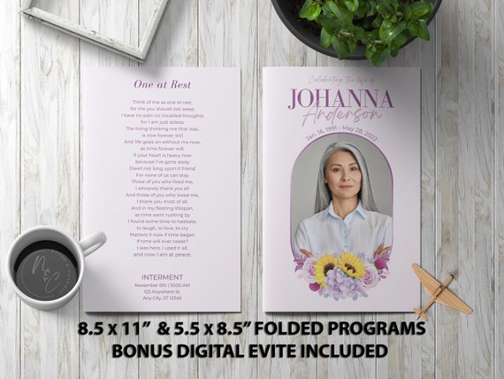 Sunflower Purple Funeral Program Template - Memorial Announcement, Obituary Flyer, Celebration of Life Magazine, 5.5x8.5 & 8.5x11 Digital