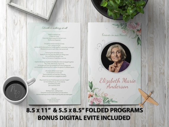 Simple Rose Funeral Program Template Memorial Announcement, Obituary Flyer, Celebration of Life Magazine, 5.5x8.5 & 8.5x11 Digital