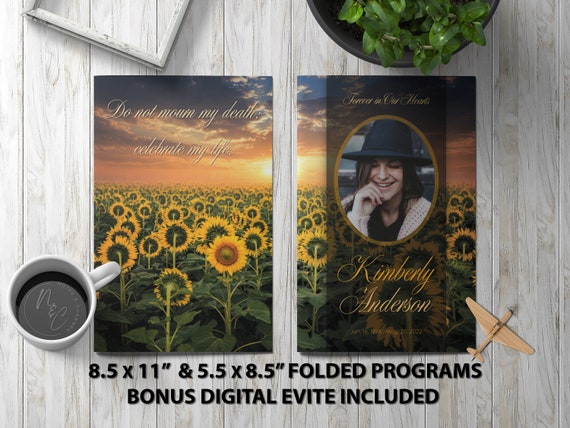 Sunflowers Funeral Program Template Memorial Announcement, Obituary Flyer, Celebration of Life Magazine 5.5x8.5 & 8.5x11 Digital Evite